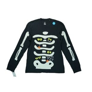 NWT Skeleton Long Sleeve Crew Neck Halloween Tee Adult Black XL Glow in the Dark